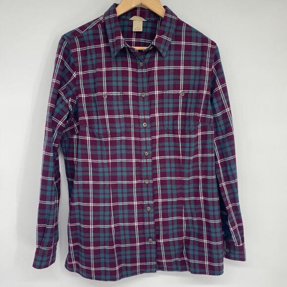 Duluth Top Women’s Large Plaid Flannel  Green & Purple Fall Outdoor Hiking Chore - Picture 1 of 8